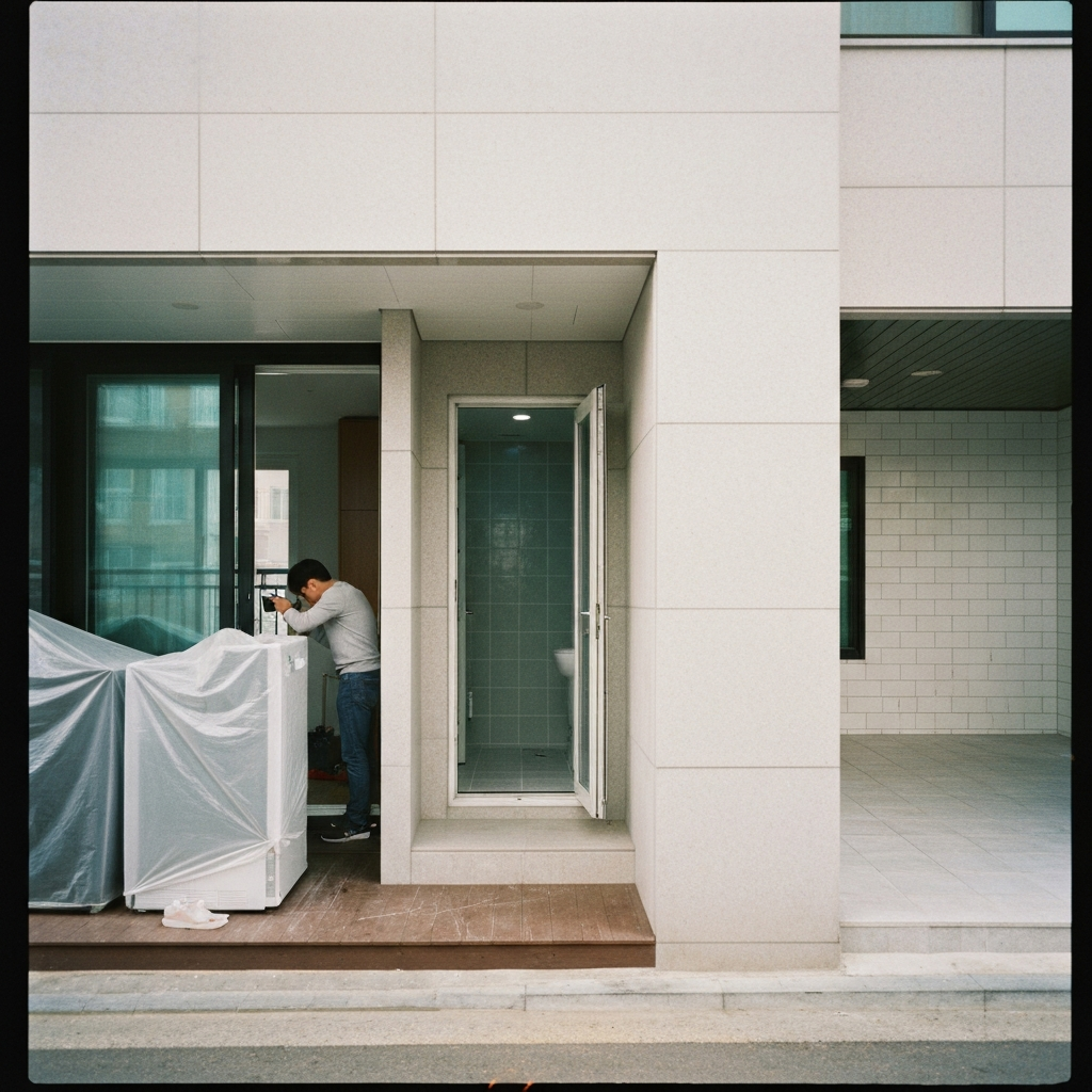 새로 청소된 한국식 아파트 현관과 복도.