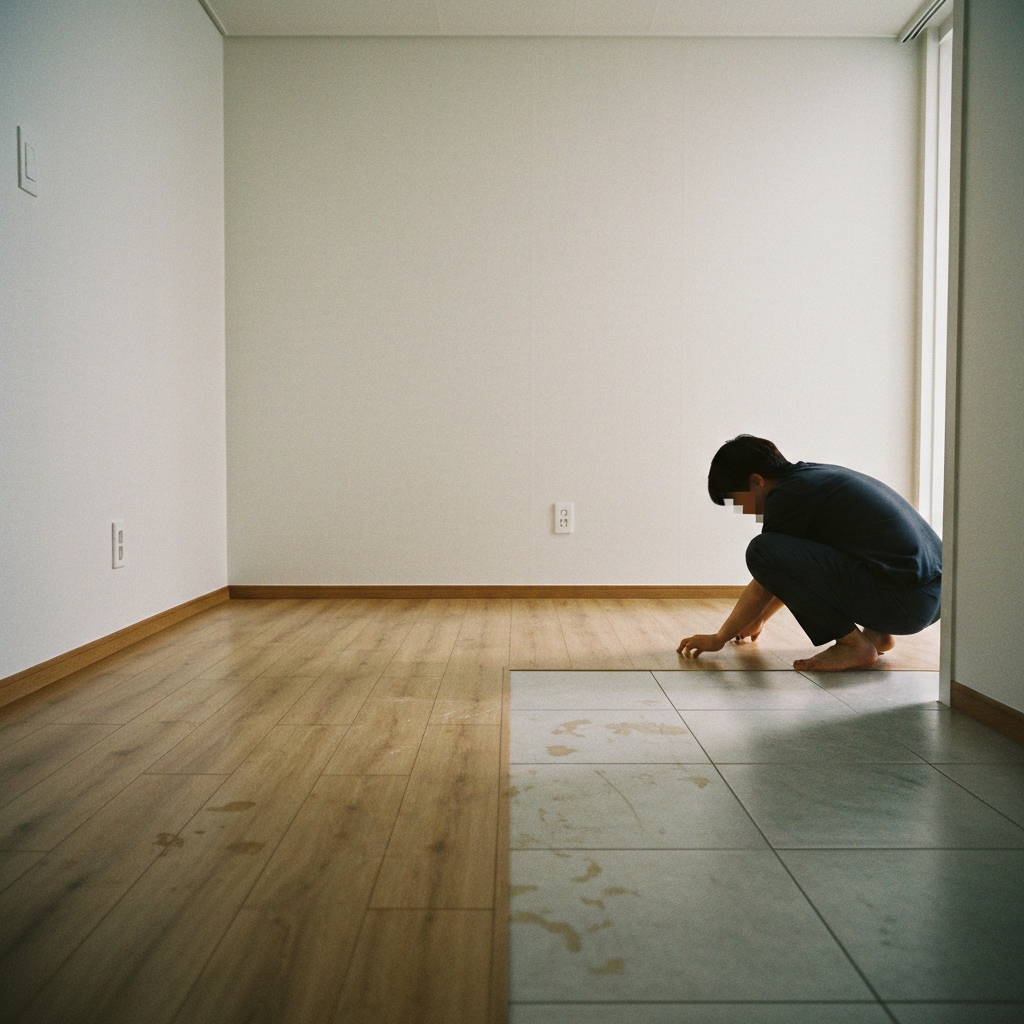 바닥을만지며휴대폰으로근접촬영하는사람의모습이다