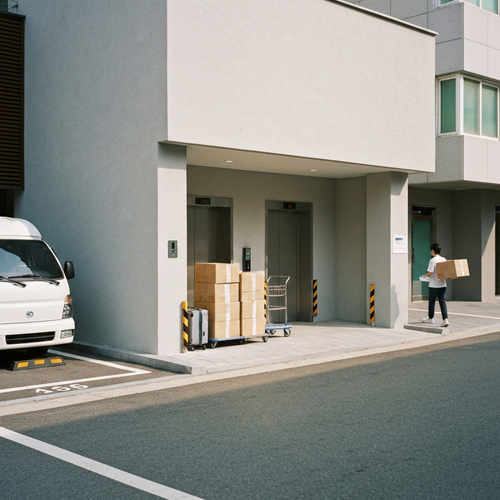 한국아파트이사현장,흰이삿짐차와박스.