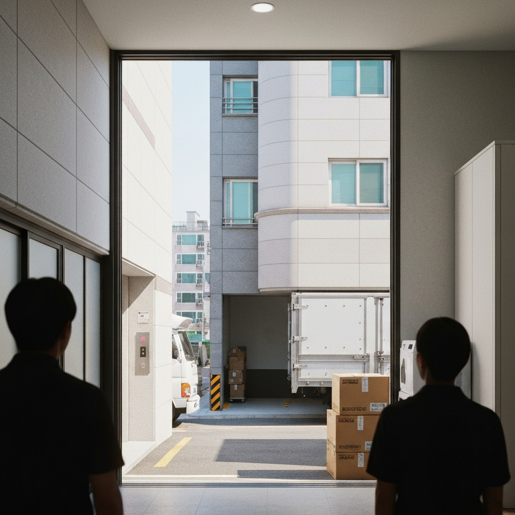 한국 아파트 이사 현장, 골목과 트럭과 상자들