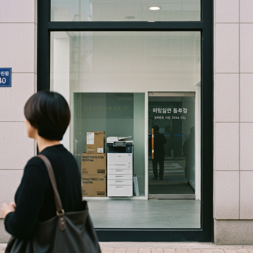 유리 출입구 프린터와 박스가 있는 사무공간