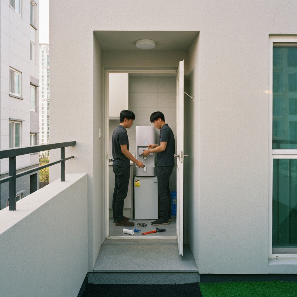 주방 발코니에서 정수기 교체를 하는 기술자.