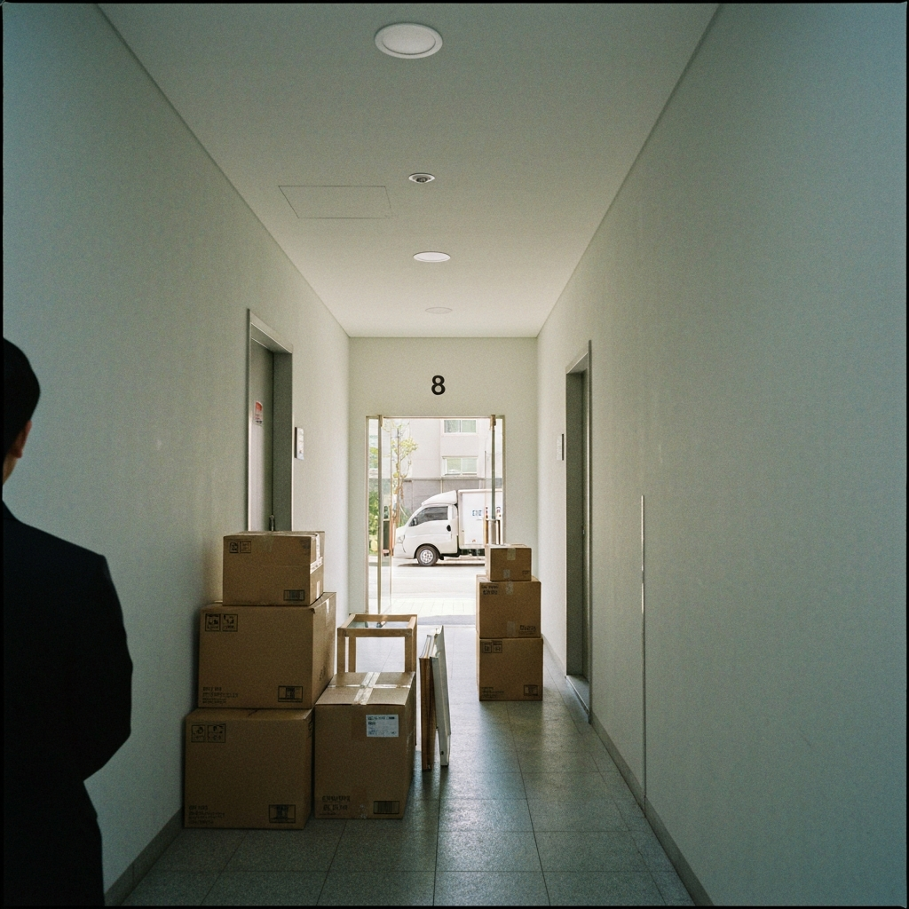 현관 앞에 쌓인 이사 박스와 분해된 가구.