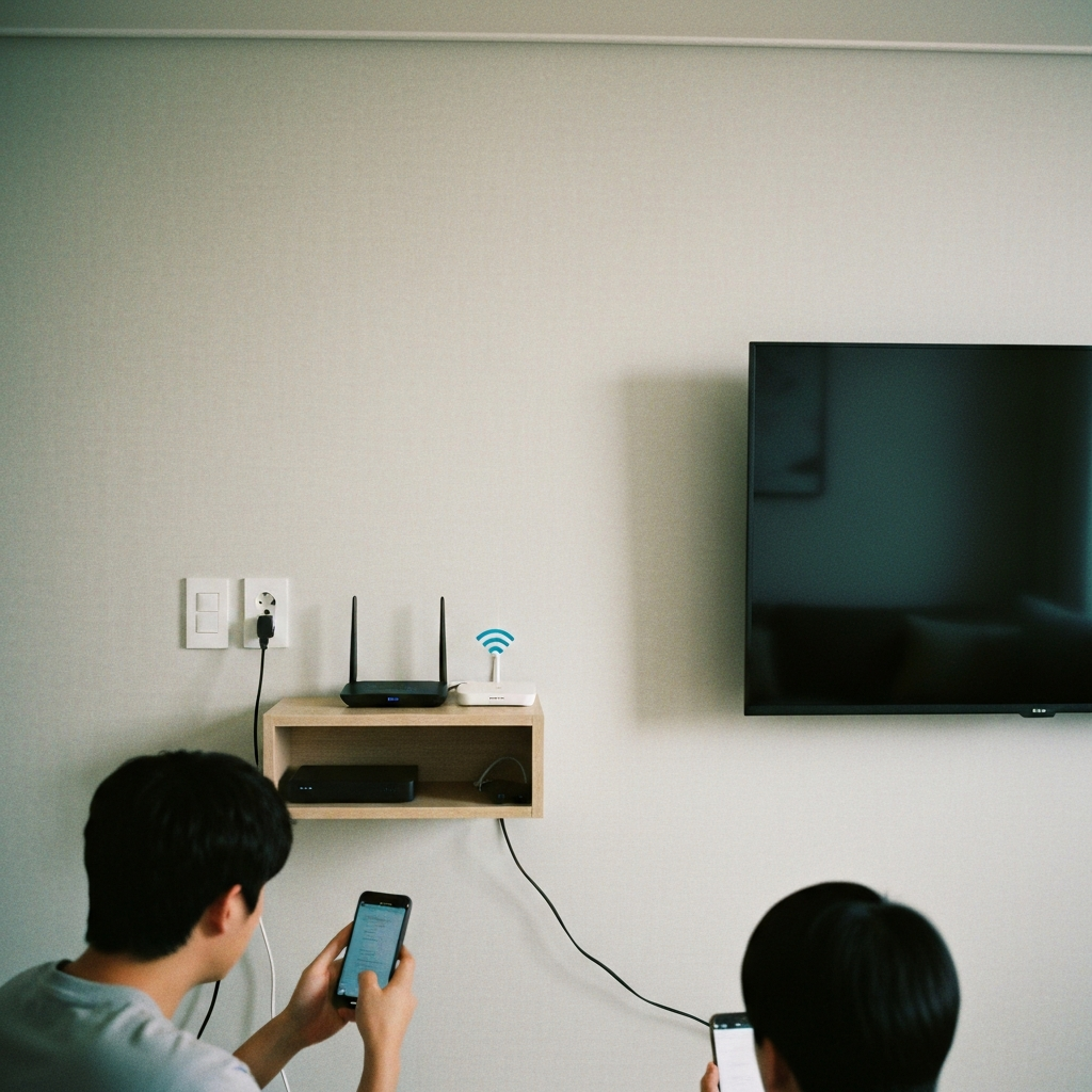 선반 모뎀·공유기와 벽걸이 티비를 확인하는 사람