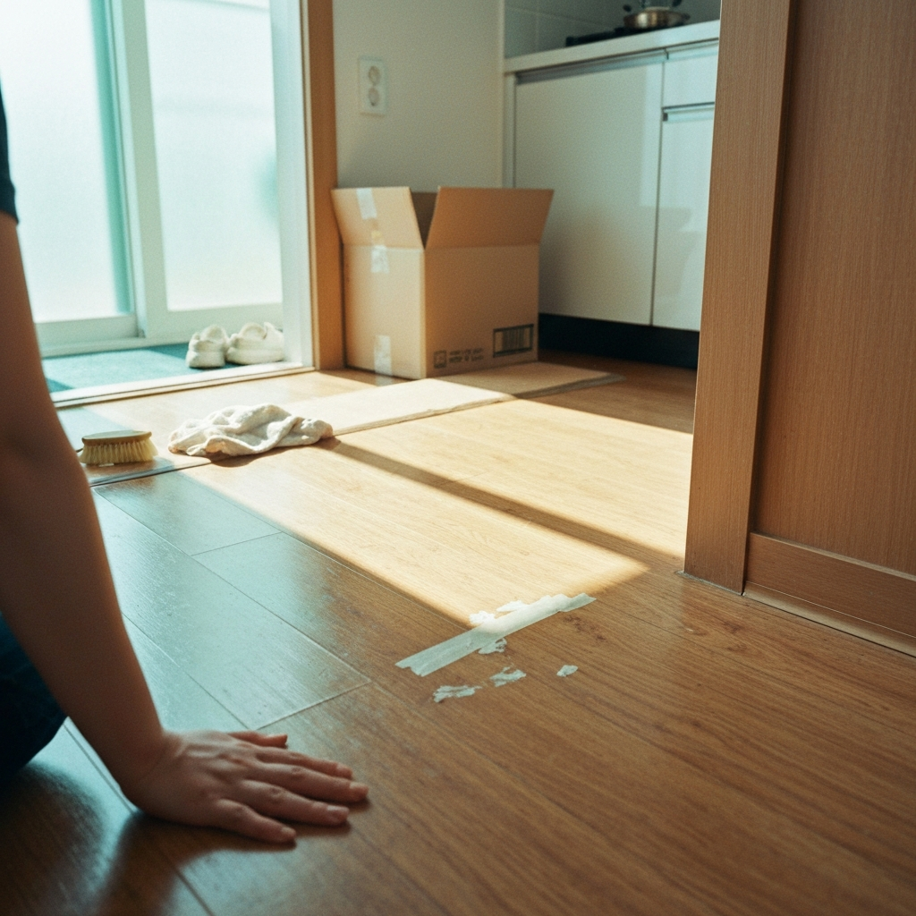 낡은 마루를 손으로 닦는 사람