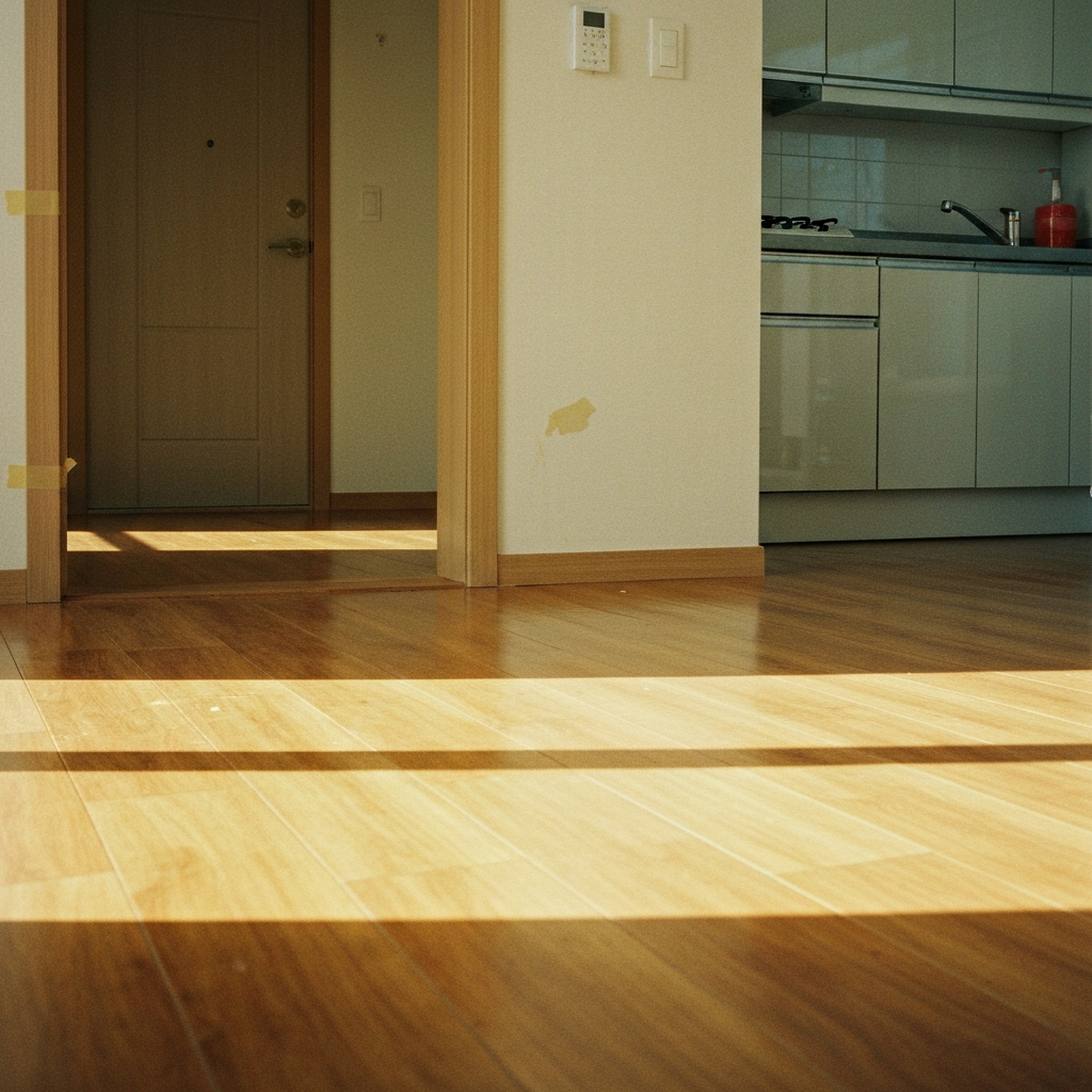 입주청소된 원목마루의 테이프자국과 얼룩