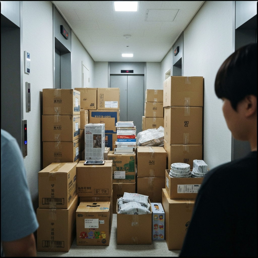이삿짐 박스가 가득한 아파트 복도