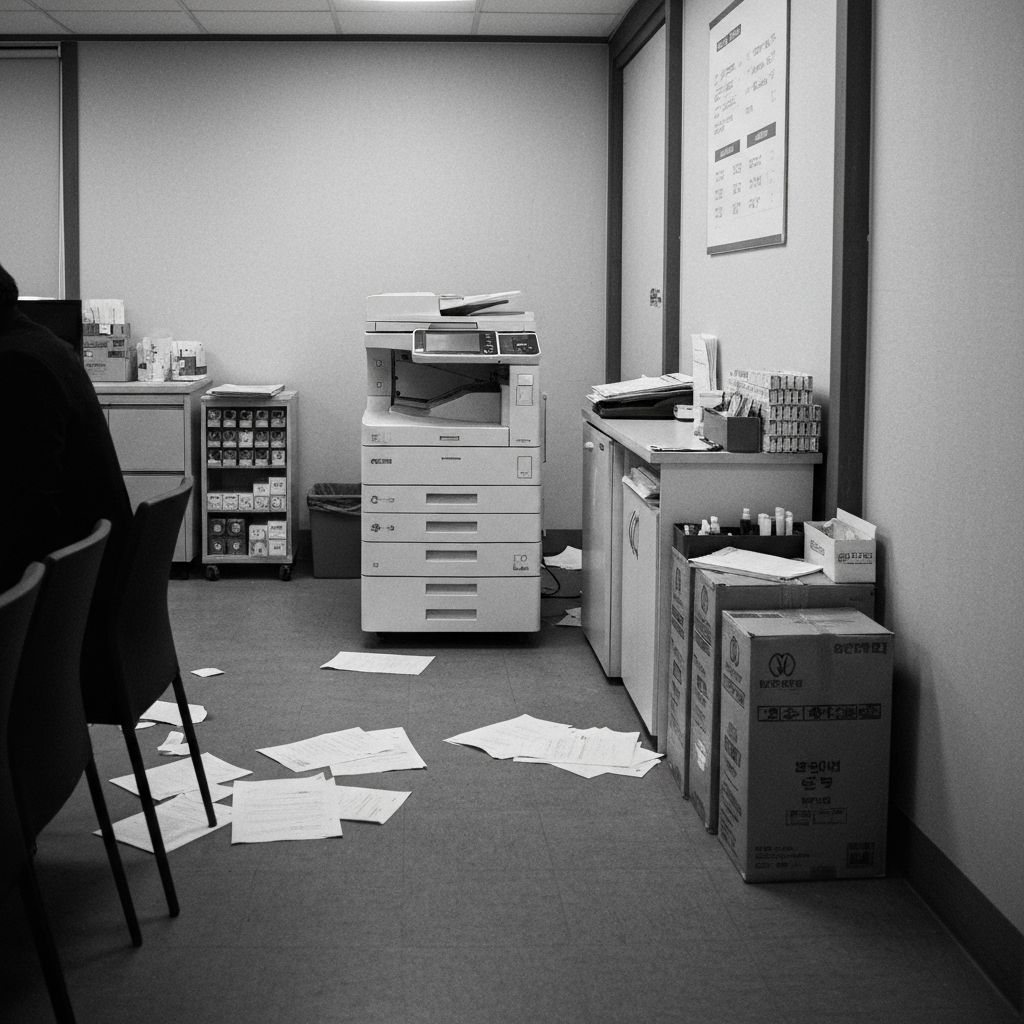 회의실 앞 복합기와 흩어진 출력물들.