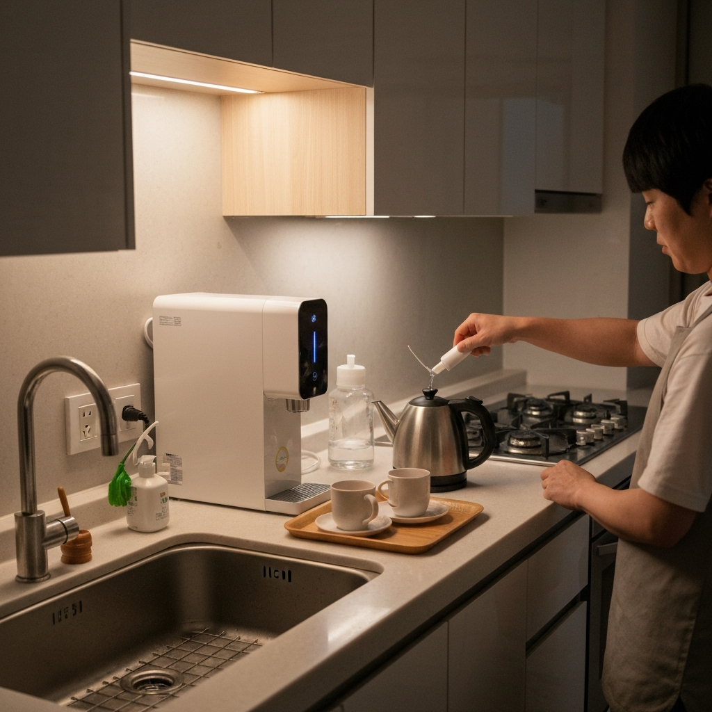 정수기로 주전자를 채우는 모습