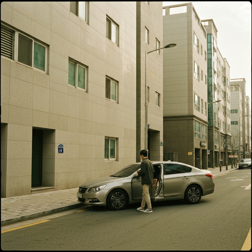 중립색 세단이 주차된 한국 도심 아파트 거리.