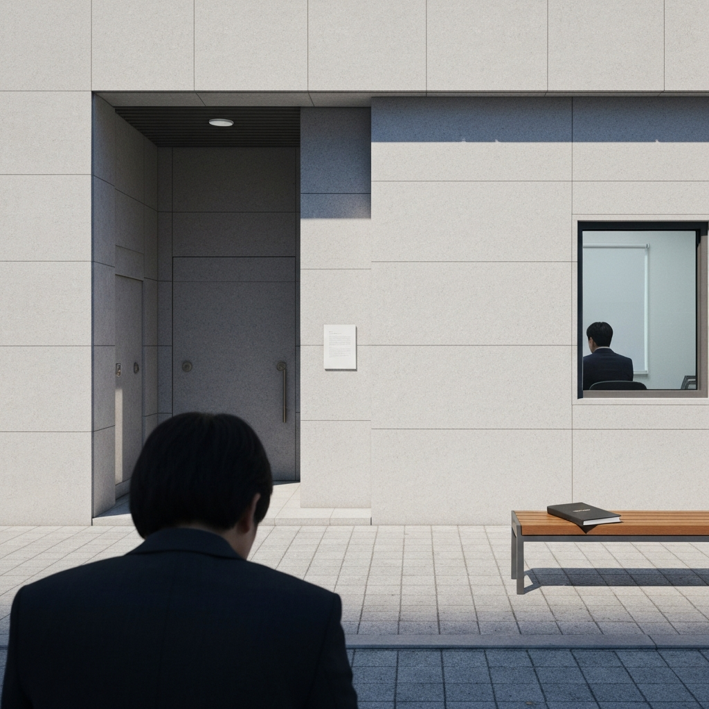 법원 앞 벤치에 놓인 서류와 뒷모습