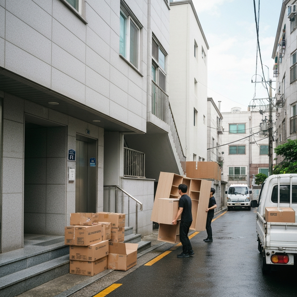 계단 앞 이삿짐 상자와 소형 이삿짐차.