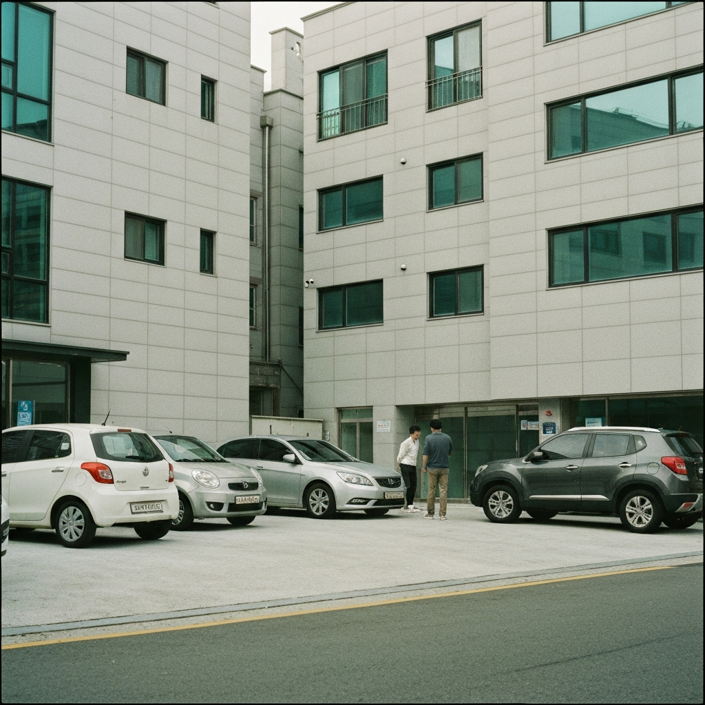 도로변에 세 대의 중고차와 두 사람이 대화