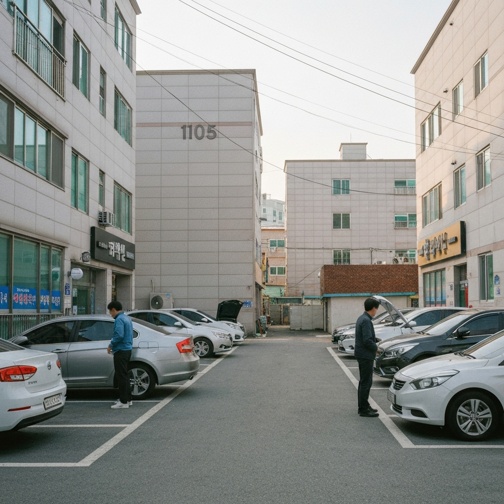 중고차 몇 대와 한 사람이 있는 도심 가로.