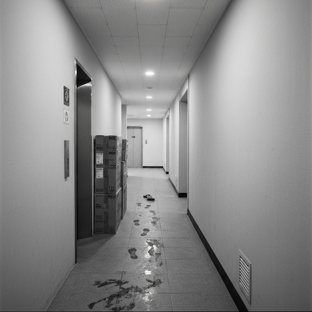 엘리베이터 옆 쌓인 박스와 진흙 발자국