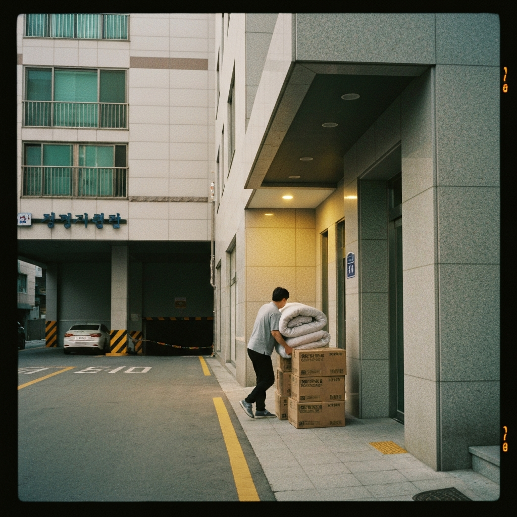 긴 상자 든 사람이 계단 오르는 장면