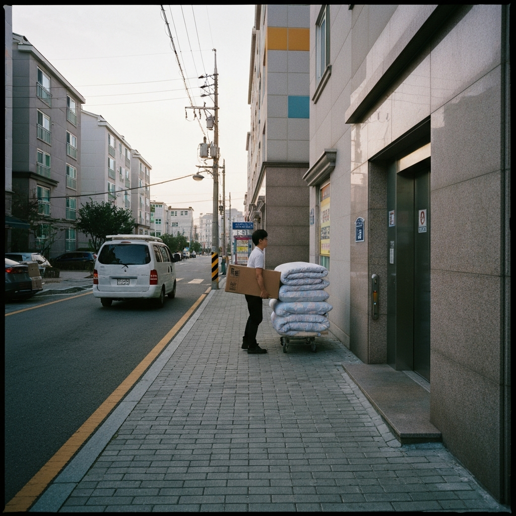 엘리베이터 앞 침구 옆 상자 든 이사인부.