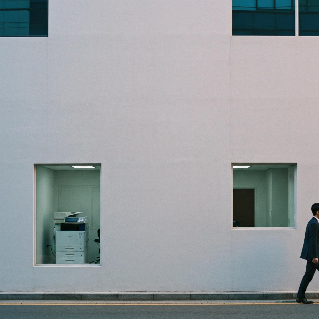 유리창으로 보이는 복합기와 한 사람이 지나가는 거리.