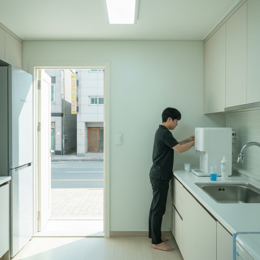 싱크대 옆 카운터에서 정수기 필터를 교체하는 사람.