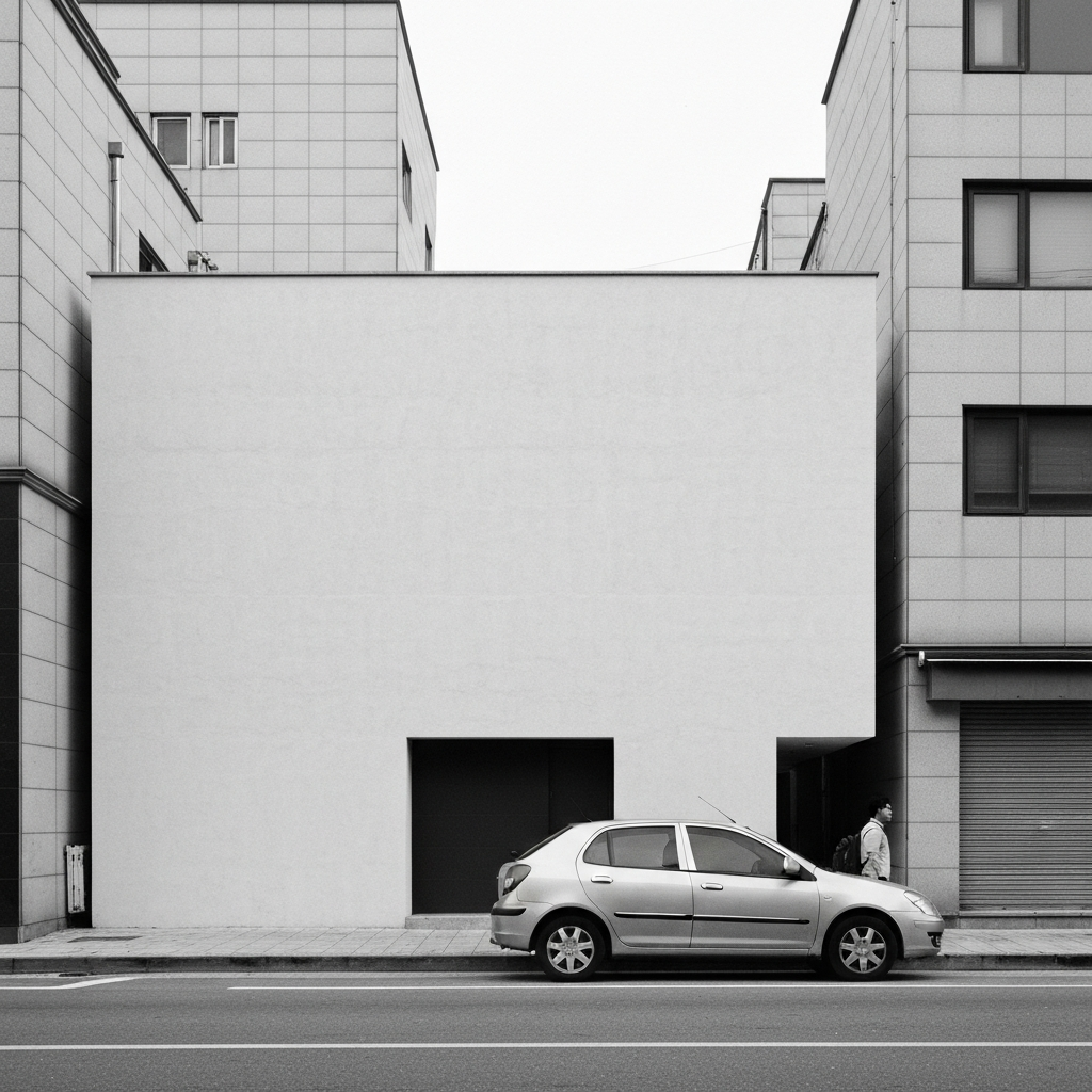 도심 거리 주차된 소형차 옆 사람 한 명