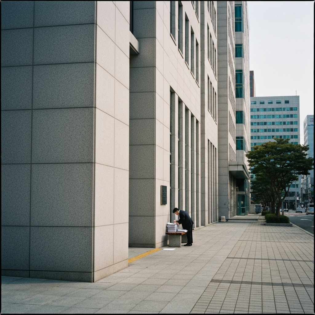 법원 계단 옆 벤치에서 서류 정리하는 사람.