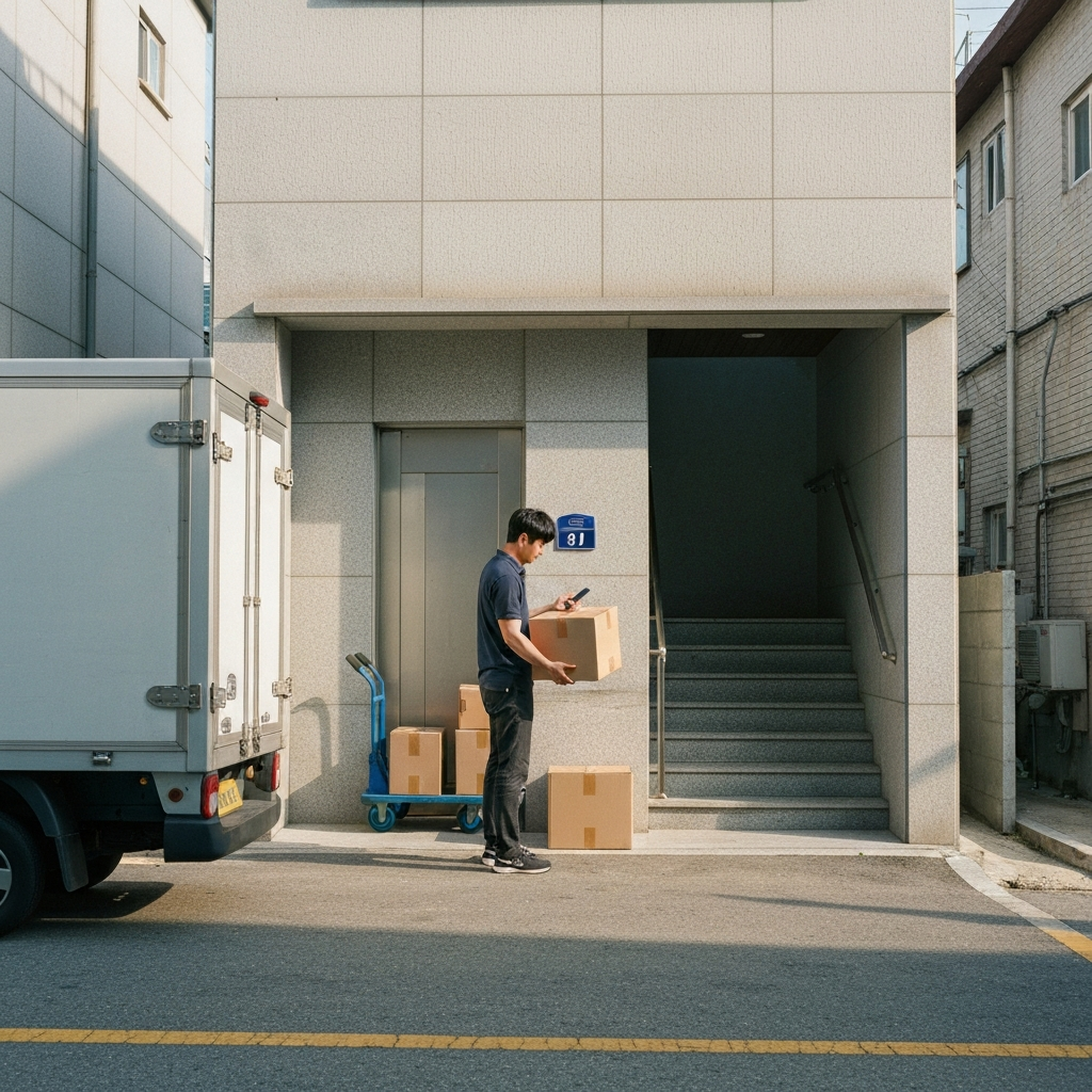이사 트럭 옆 상자 확인하는 이사자 한명.