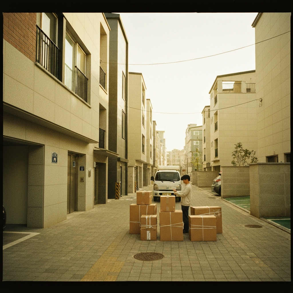 좁은 저층 아파트가 늘어선 주택가 골목