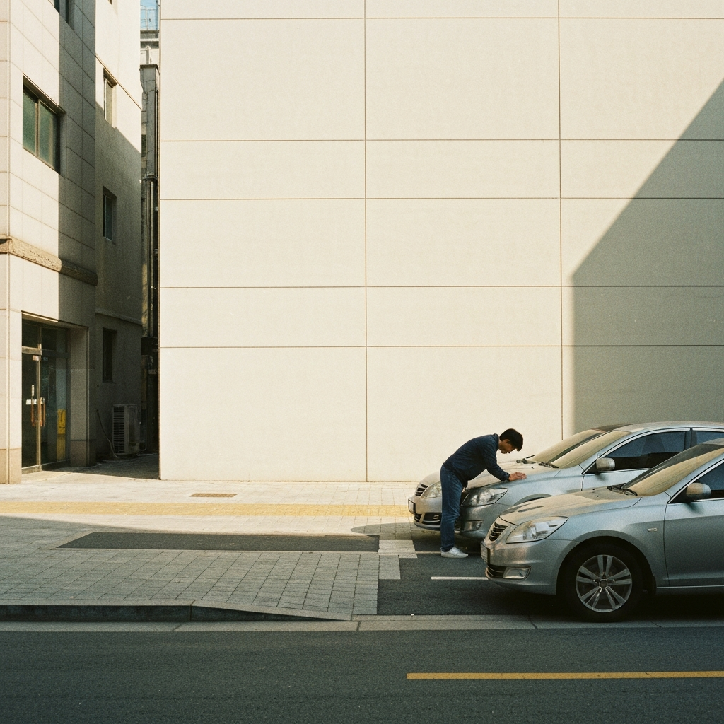 중고차에 기대어 거래하는 한 사람 모습.