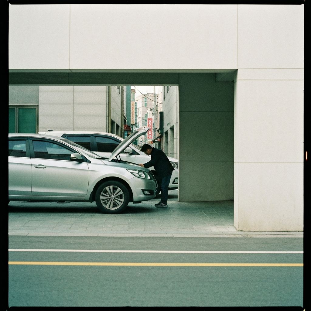 주차된 중고차를 살펴보는 한 사람 장면