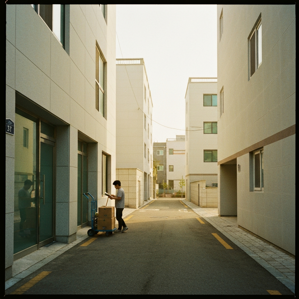 아파트 입구에 손수레와 박스 든 사람이 있다.