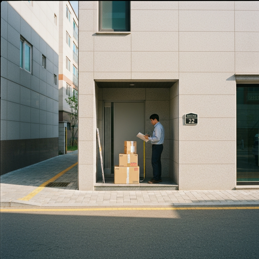 아파트 현관 앞 점검원과 박스·측정기.