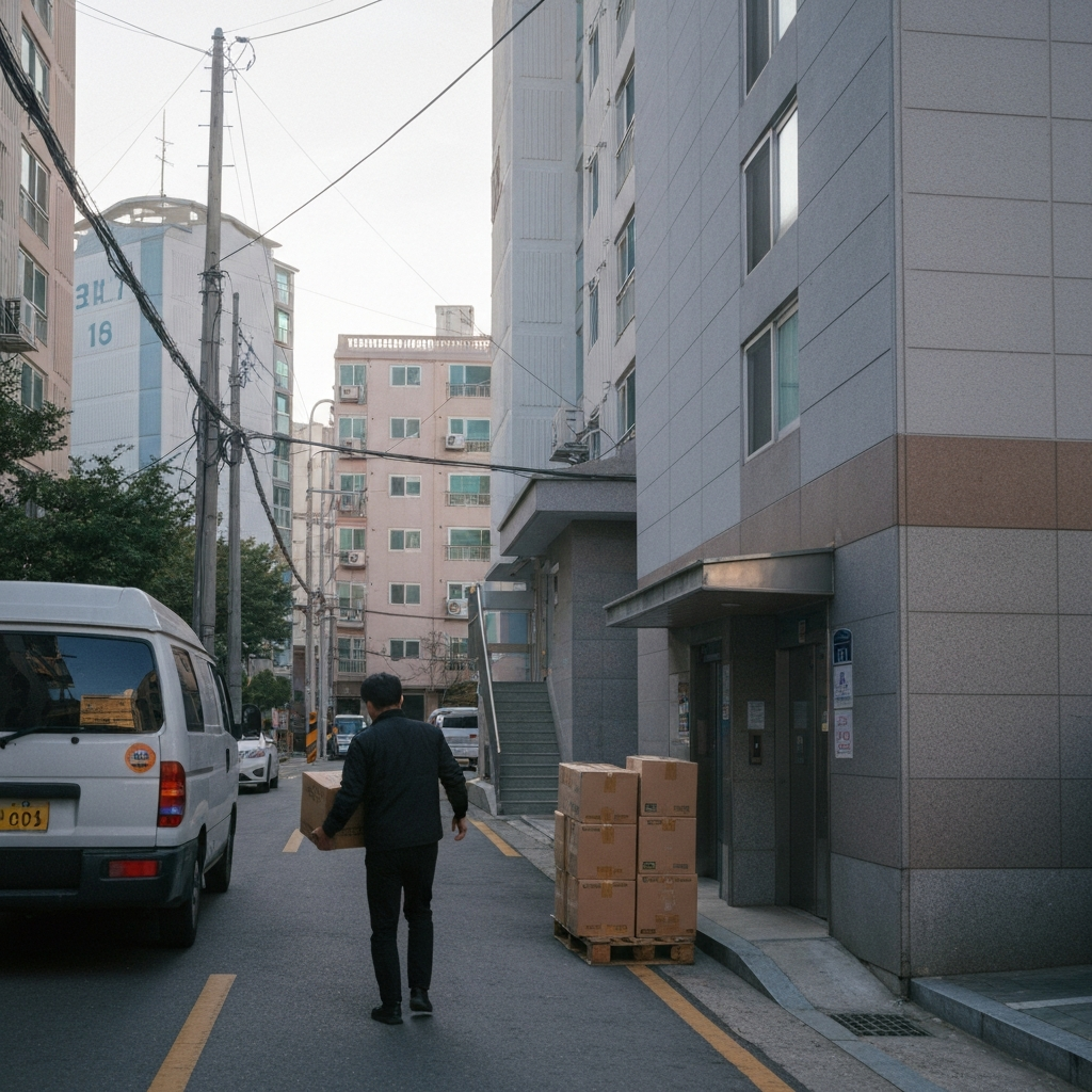 한 사람이 상자 든 이삿차 옆 엘리베이터 입구.