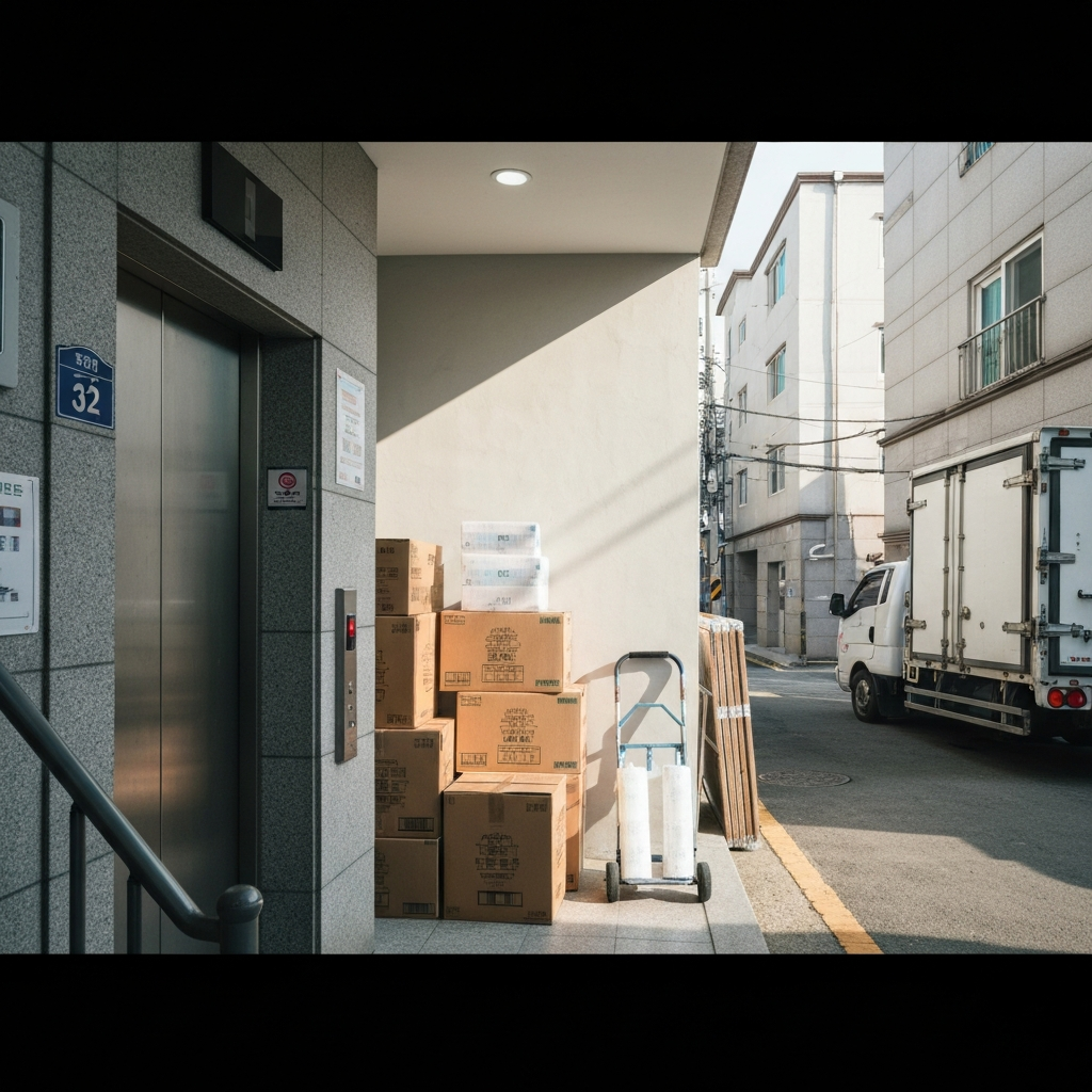 엘리베이터 앞 쌓인 이삿짐과 한 명의 이사꾼