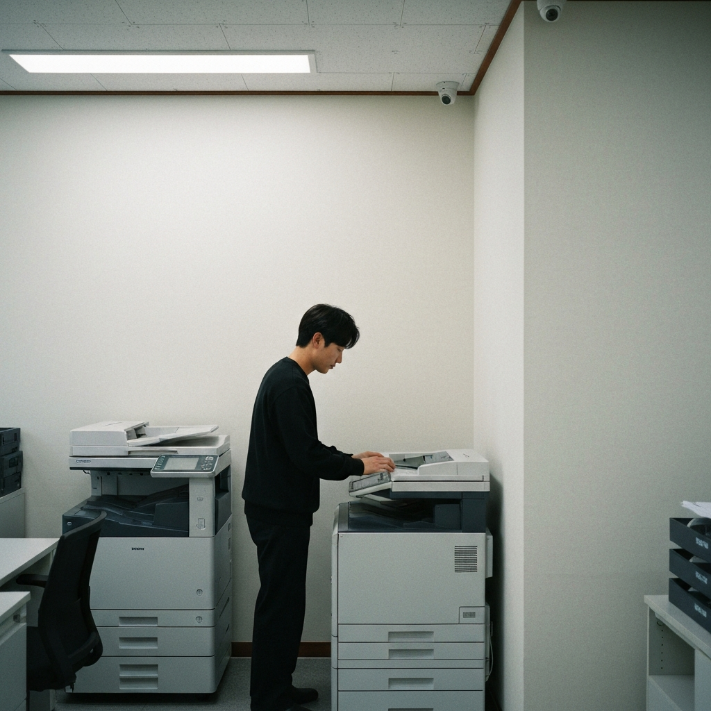 복합기와 상호작용하는 한 사람 모습.