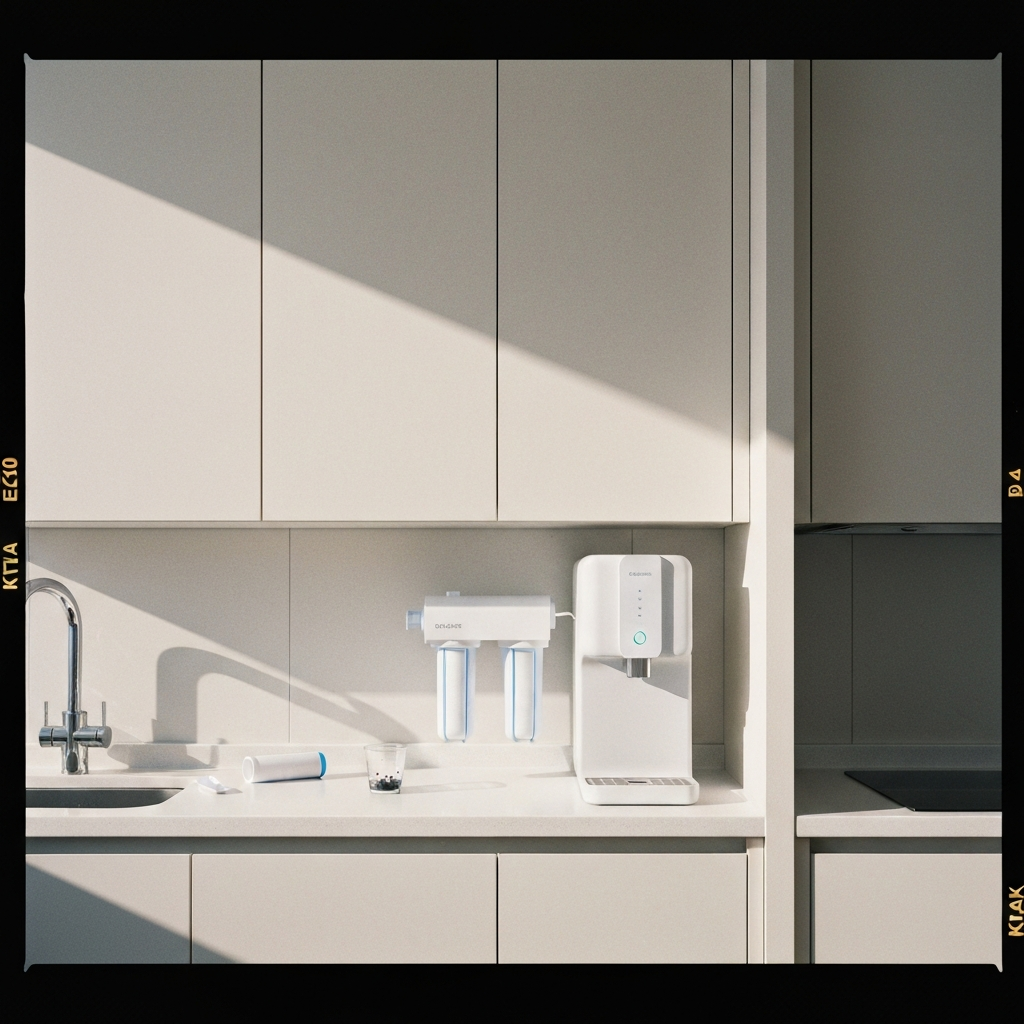 사람이 정수기 필터를 교체하는 장면