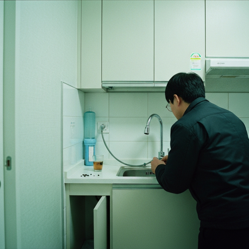 정수기 필터 교체 중인 사람과 변색된 물컵