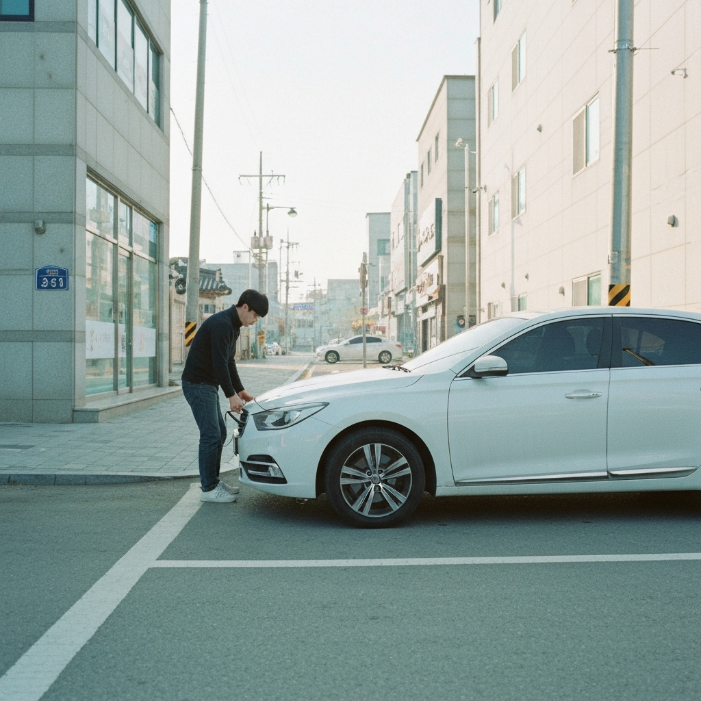 타이어 압력 확인하는 사람과 렌터카.