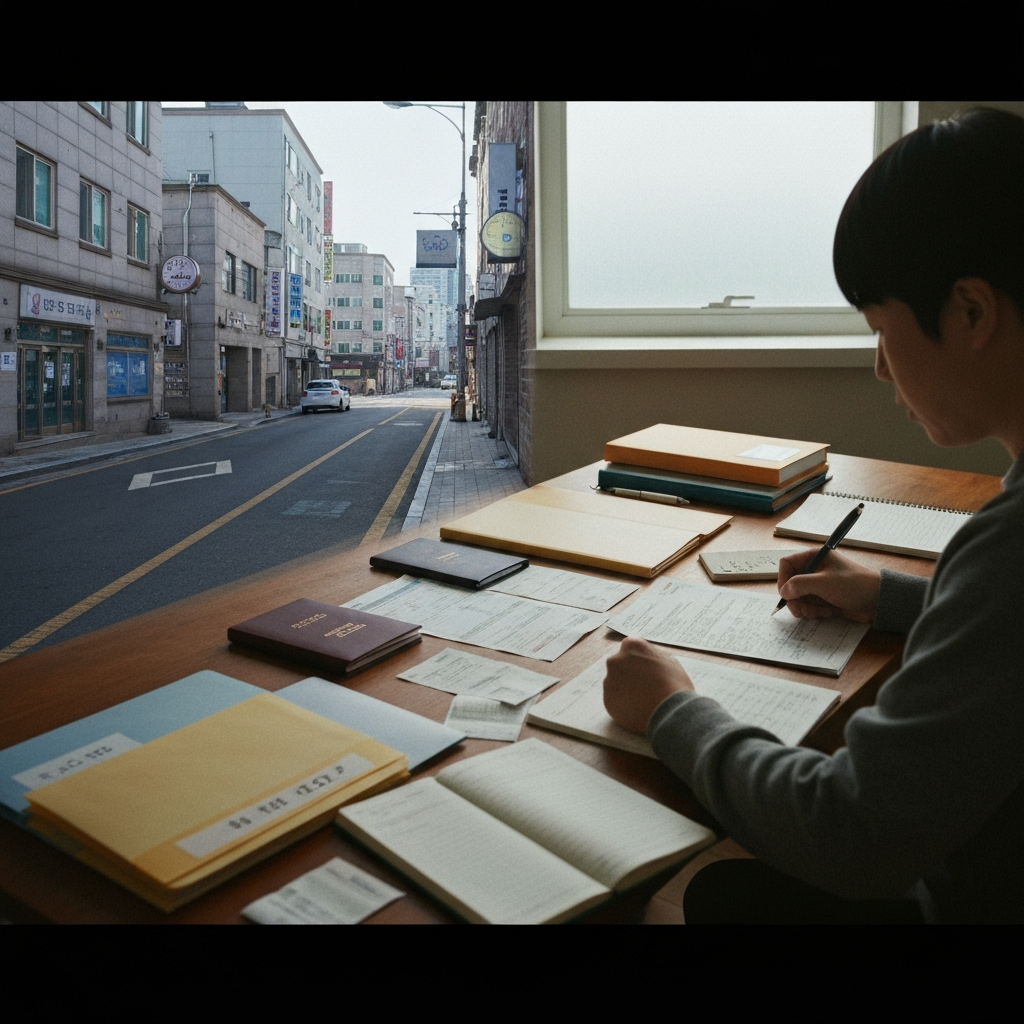 한국 거리와 주방 테이블에서 서류 정리하는 사람.