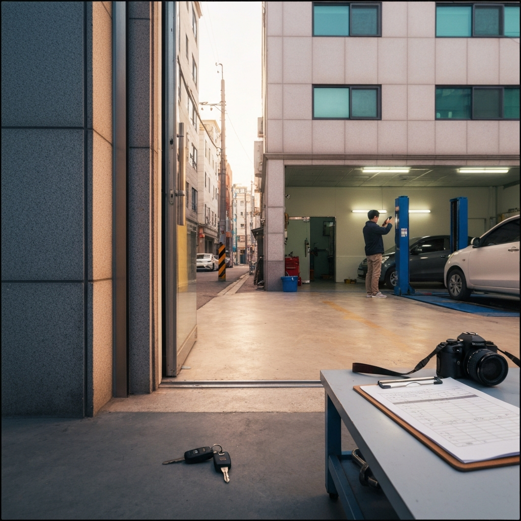 차 키와 점검표가 놓인 중고차 정비소.