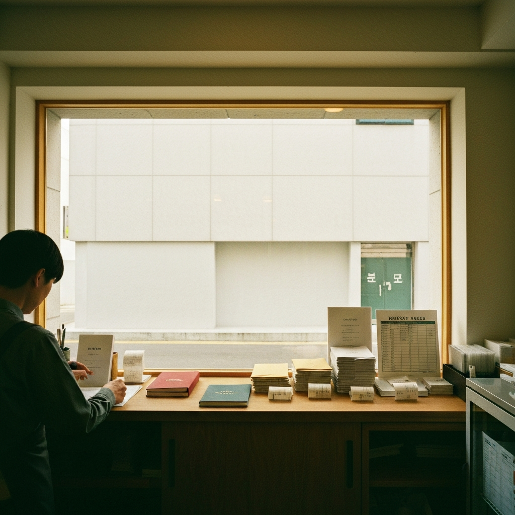 카페 카운터에서 서류 정리하는 사람