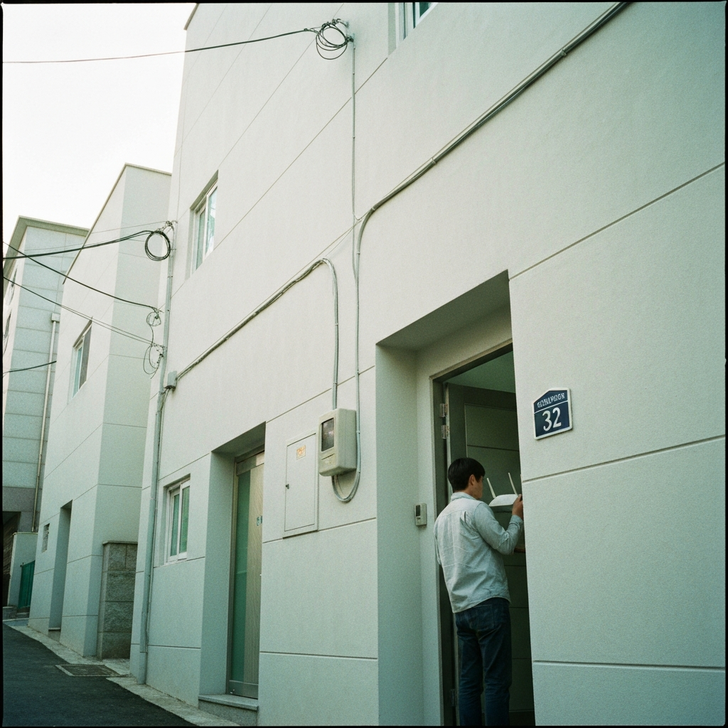 아파트 입구 외부 케이블·라우터와 한 사람.