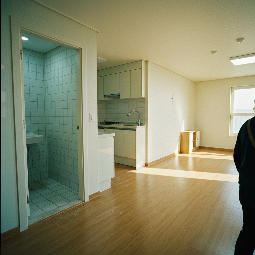 청소된 거실과 주방, 긁힌 마루와 벽 자국