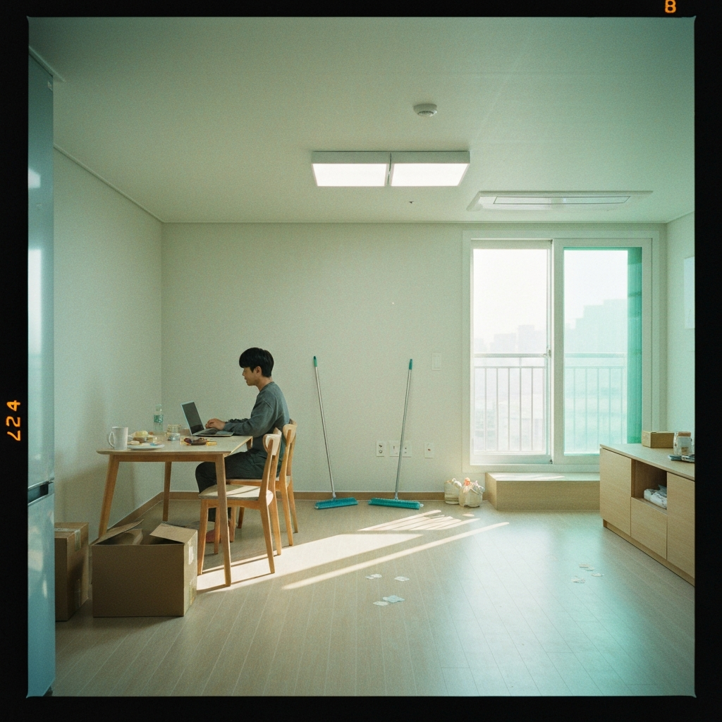 이사 후 정리된 거실과 이사상자, 청소도구