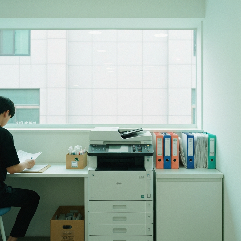프린터 옆에서 서류 정리하는 사람