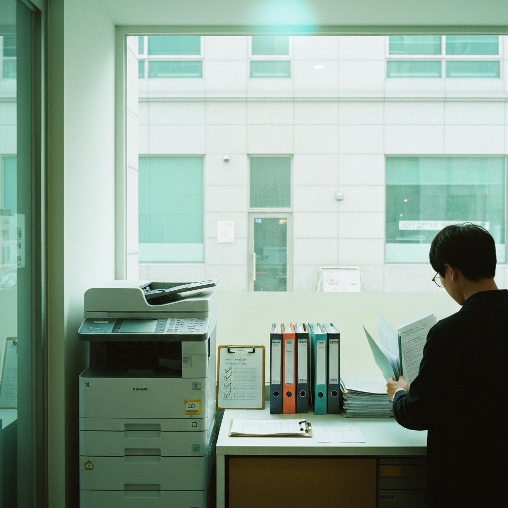 렌탈 복합기 옆 출력함과 정리된 서류들.