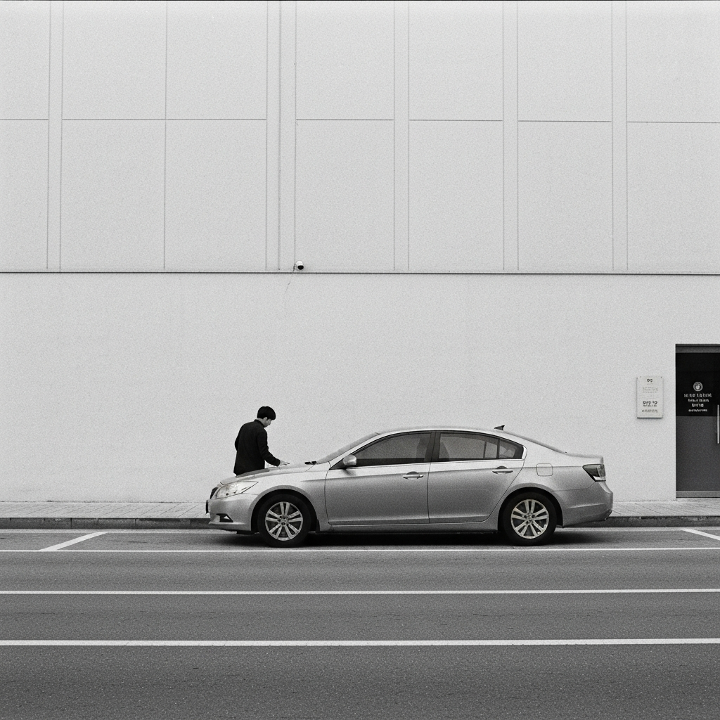 렌터카 옆에서 차량 열쇠 확인하는 인물.