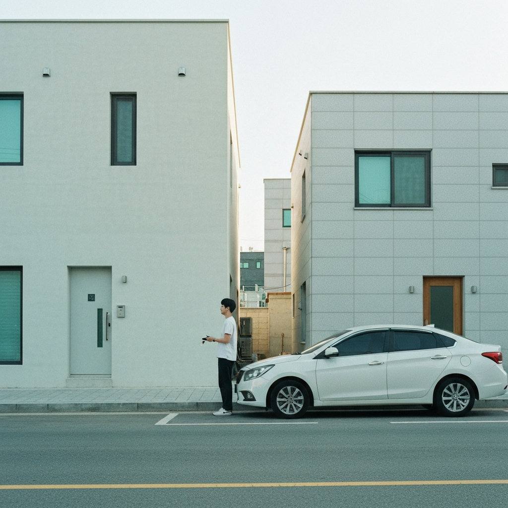 열쇠 든 사람이 차 옆에 서 있다.