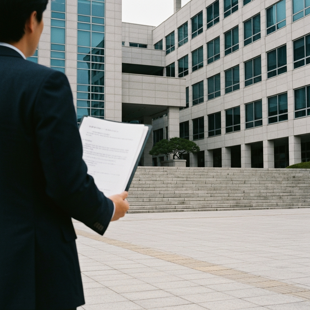 서류 든 한 사람이 법원 앞에 서 있다.