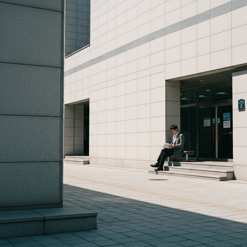 벤치에 법적 서류를 검토하는 사람.