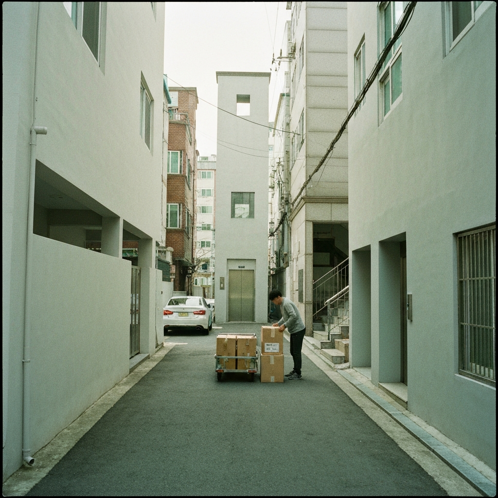 골목 계단 옆 박스 싣는 한 사람과 이삿짐 트럭.